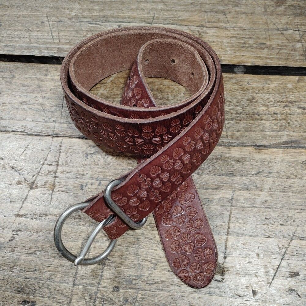 Leather Belt Boho 41.5" Brown Embossed Festival Hippie Shells